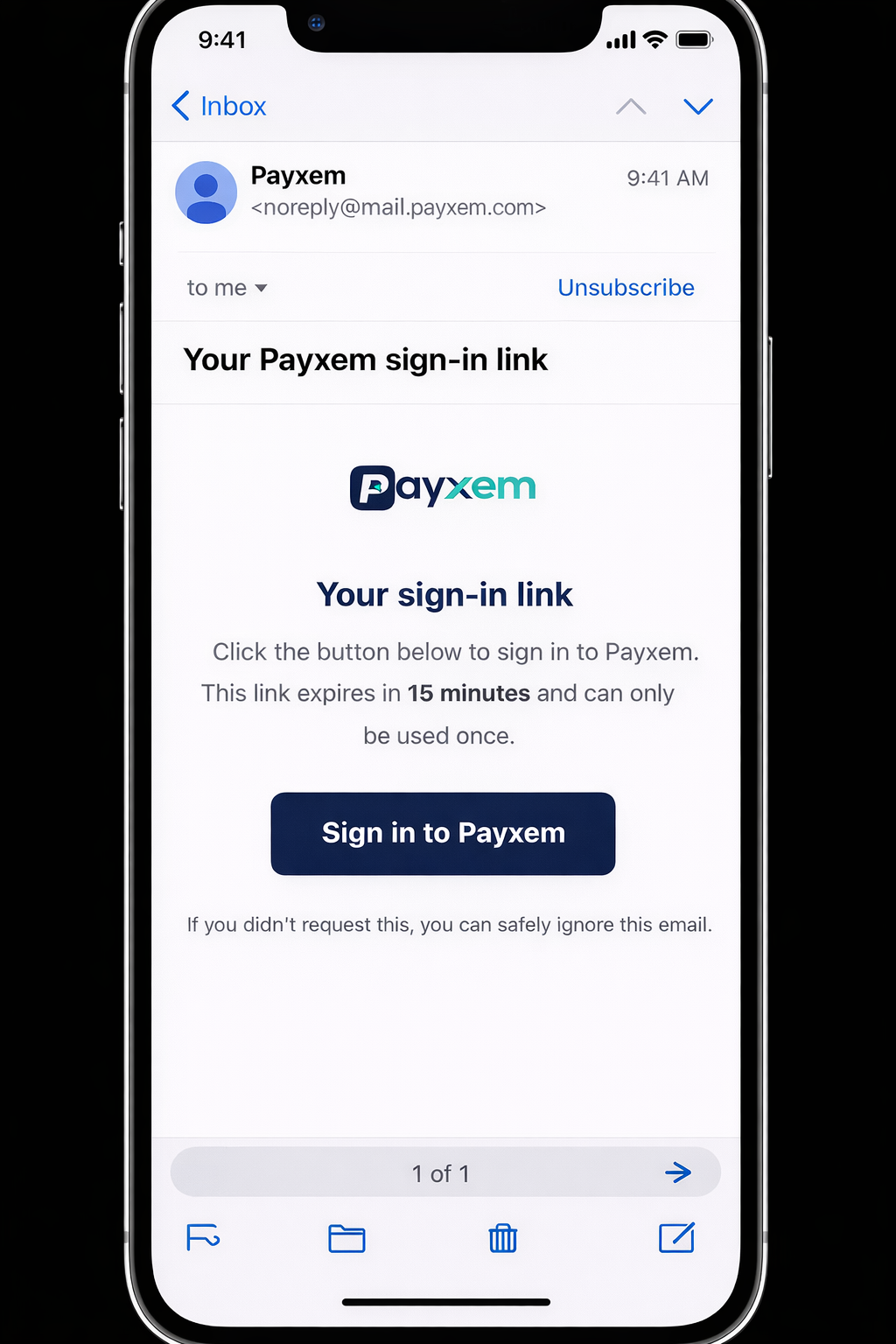 Payxem magic link email with sign in button
